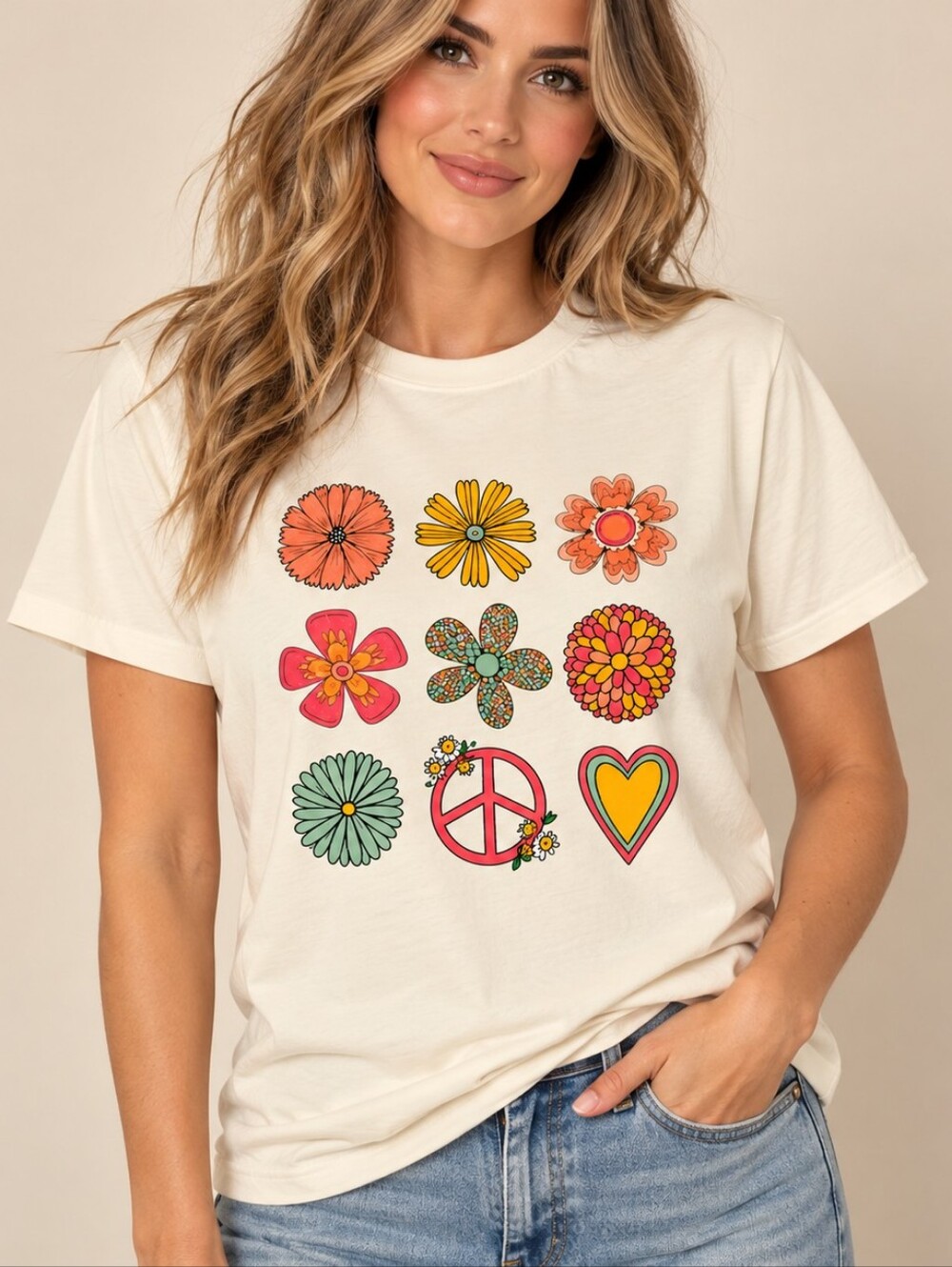 Rebel Rose Retro Flowers Cream Boho Graphic Tee S M 2XL 3XL